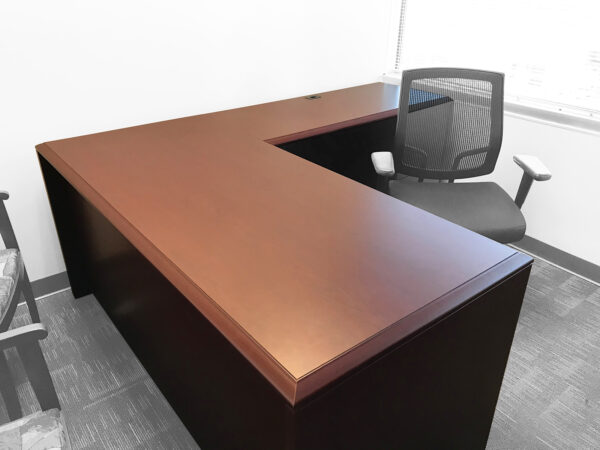 L-Shaped Mahogany Desk in Mahogany at Office Liquidation