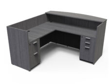 Find used KUL 71x72 l-shape reception desk (left) w 1bbf and 1ff ped (gry)s at Office Furniture Outlet