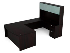 Find used KUL 71x108 bow front u-shape desk + hutch (glass doors) w 1bbf and 1ff ped (esp)s at Office Furniture Outlet