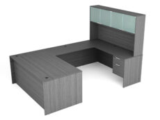 Find used KUL 71x108 u-shape desk + hutch (glass doors) w 2 bf ped (gry)s at Office Furniture Outlet